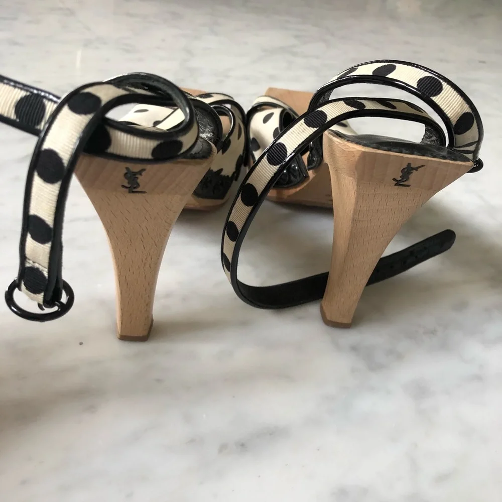Yves Saint Laurent Black and Cream Polka Dot Slingback Heels